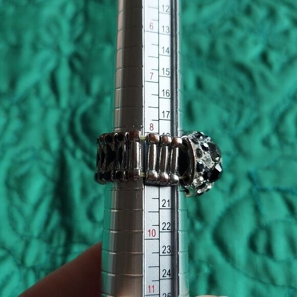 Vintage Black, Grey, White/Clear Rhinestone Statement Ring - Adjustable Band - Picture 11 of 12